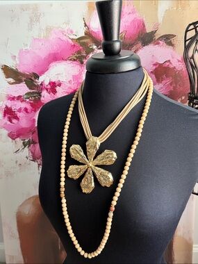 Gold Flower Pendant Necklace with Beige Beaded Strand Set